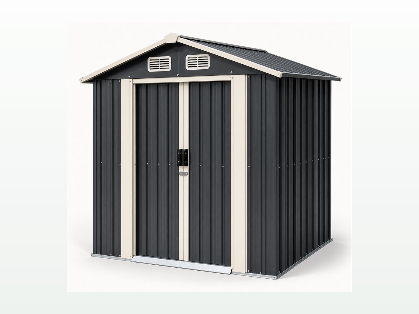 Dark grey gable roof metal garden shed with sliding doors