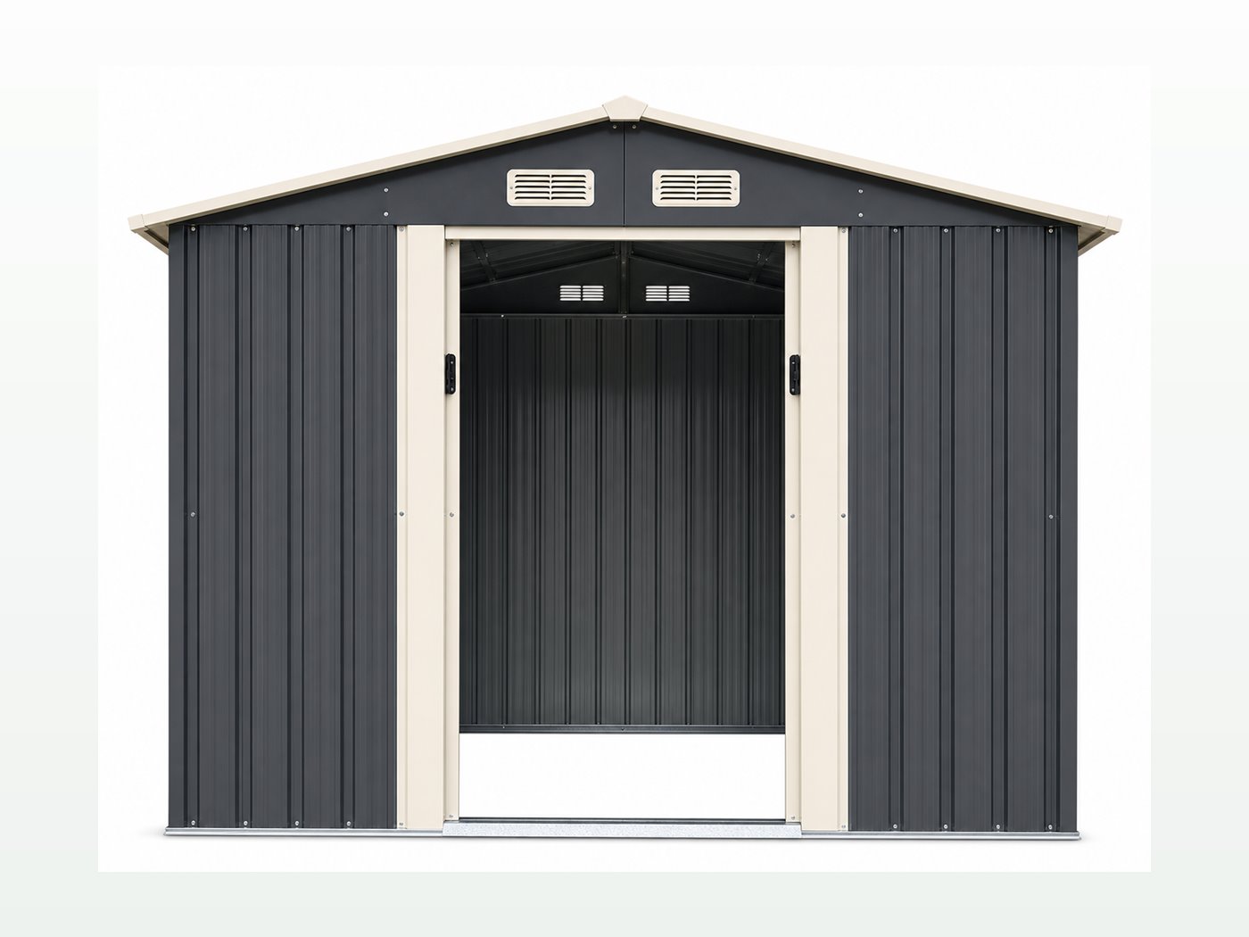 Gable roof shed with sliding doors open