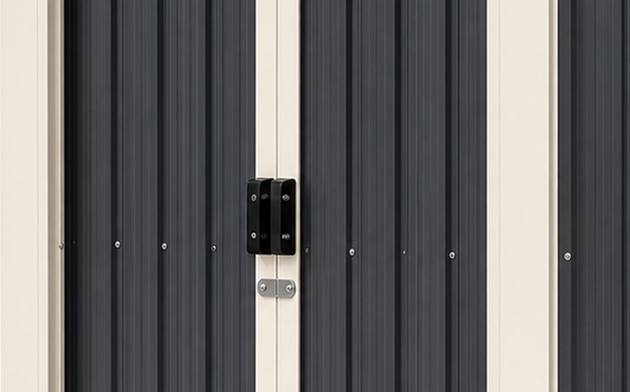 Door handles and latch on metal shed