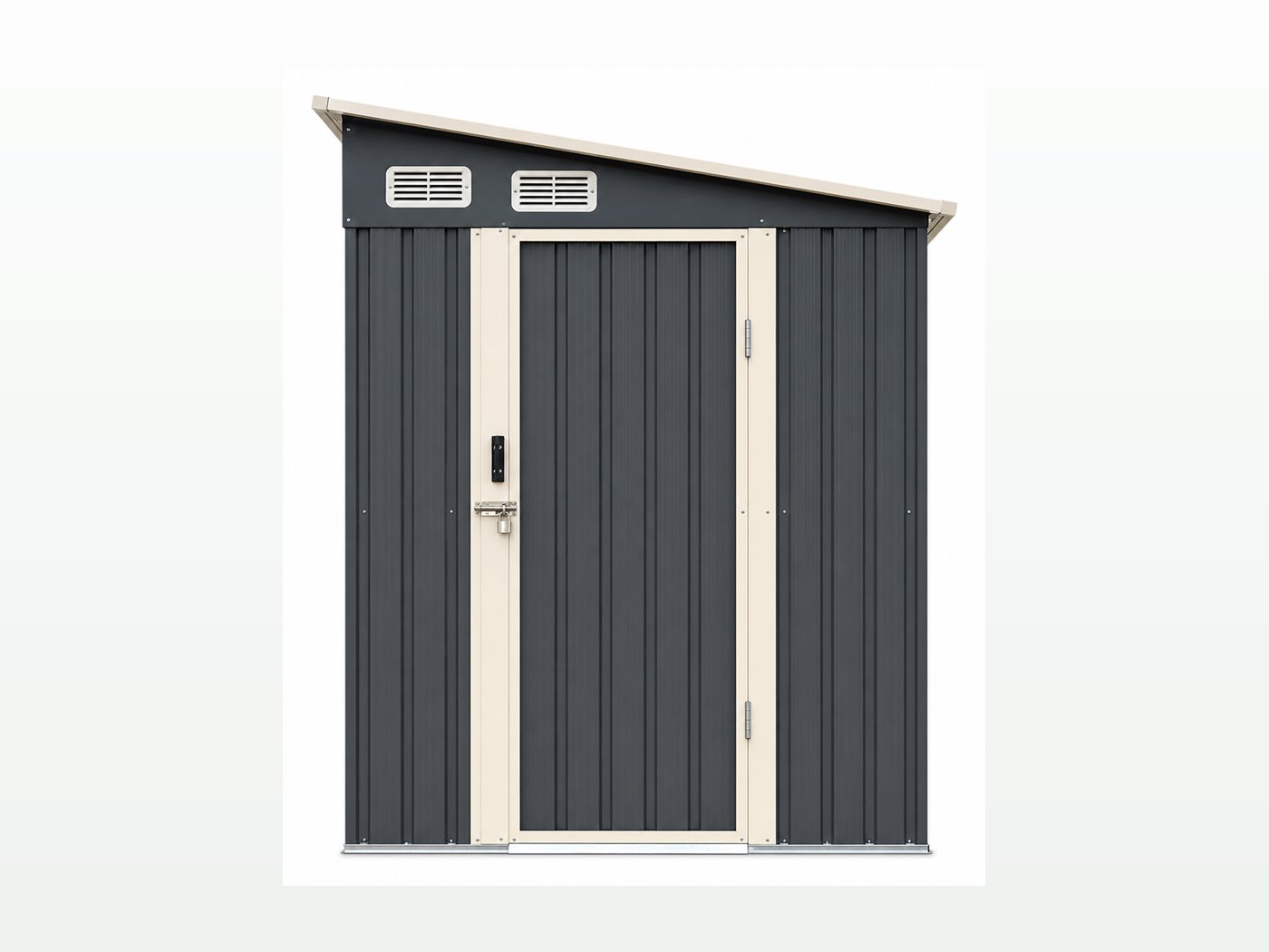 Dark grey pent roof shed front view