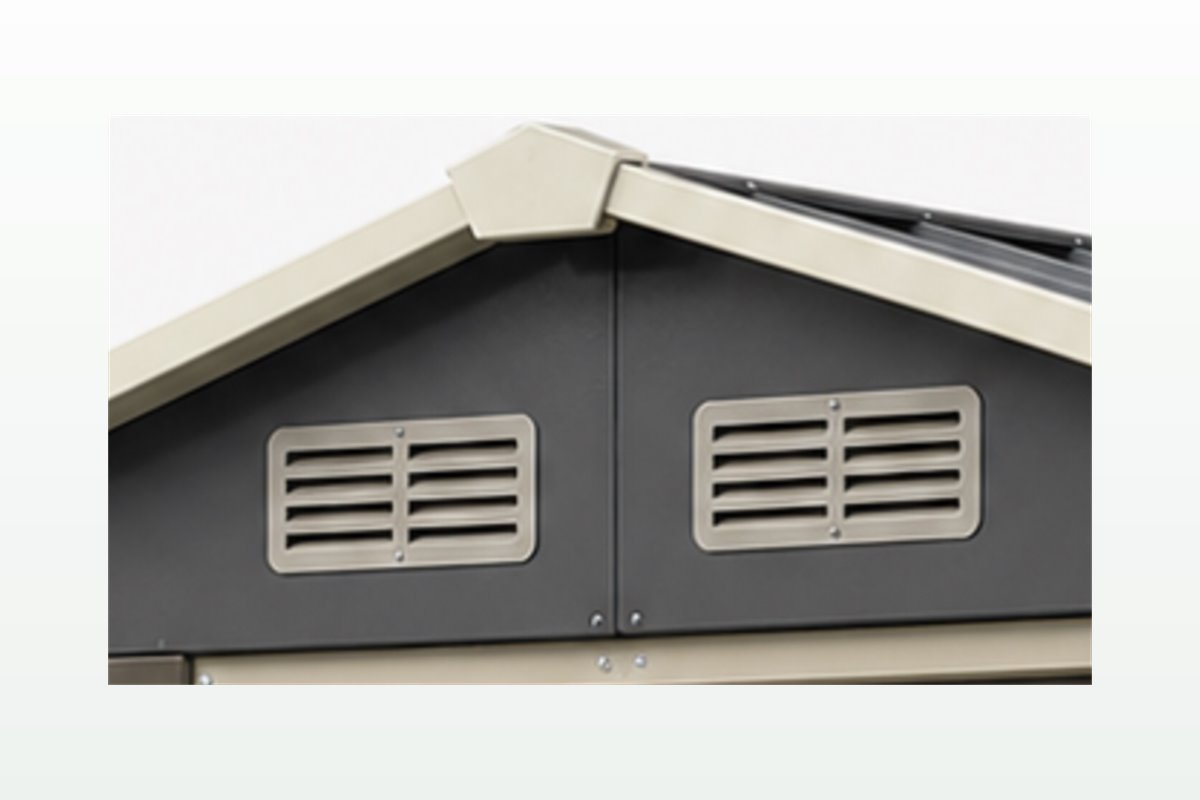 Louvered vents on metal garden shed